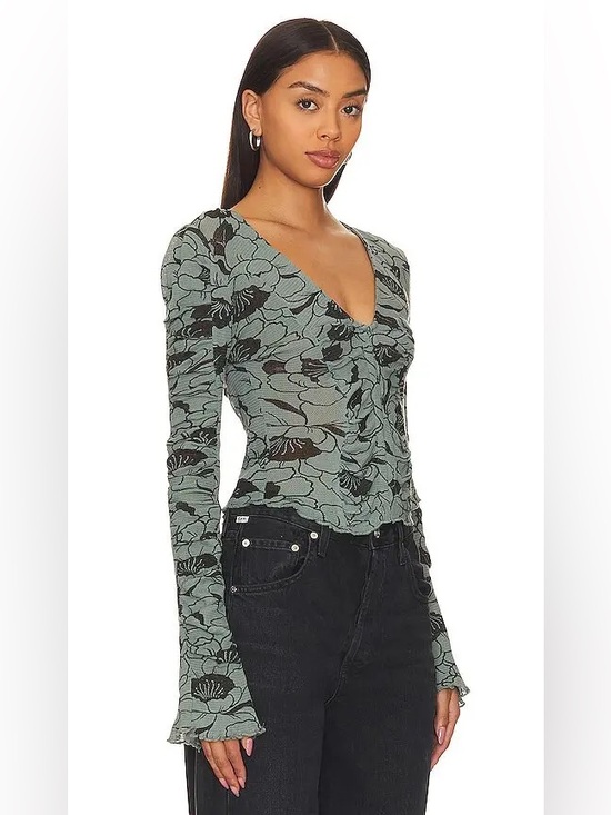 Tops - Free People Floral Mesh Ruched Long Sleeve Top Green Large